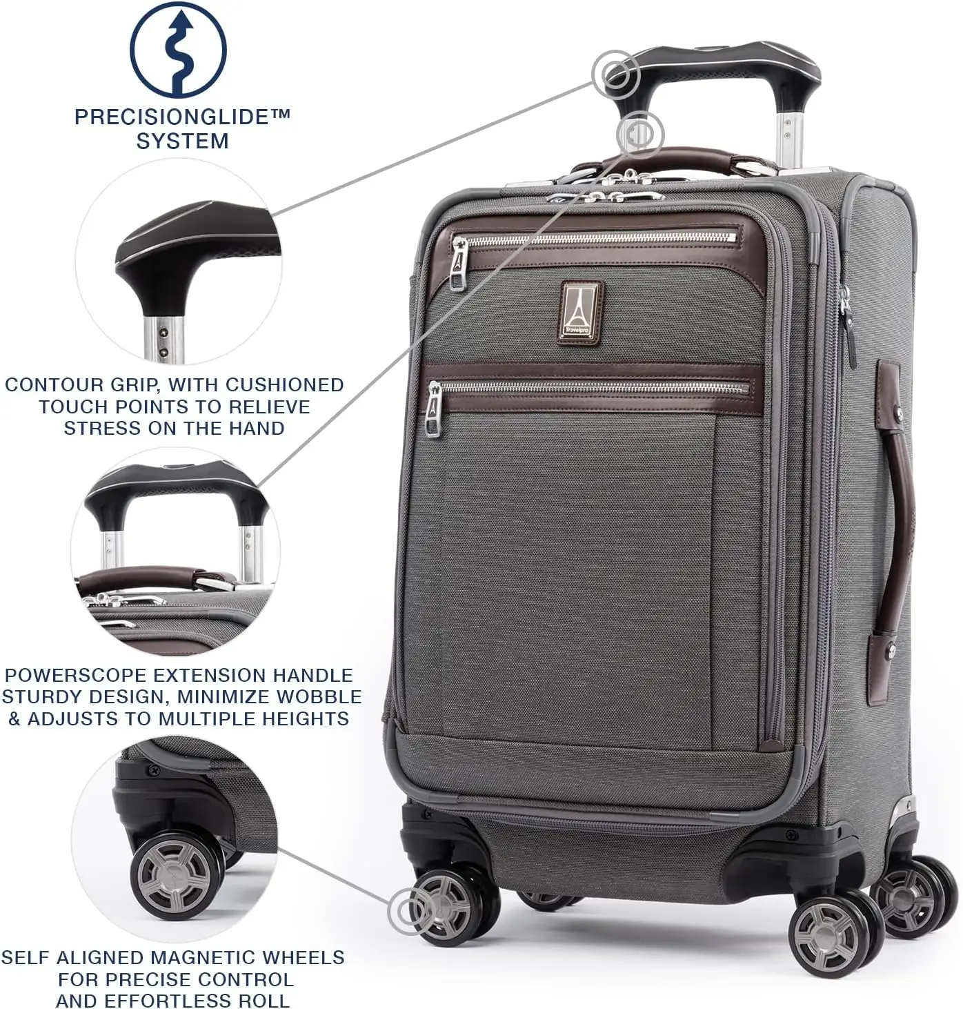 Platinum Elite Softside Expandable Carry on Luggage, 8 Wheel Spinner Suitcase, USB Port, Suiter, Men and Women, Vintage Grey