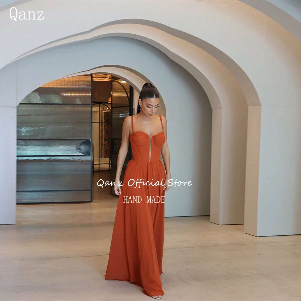

Qanz Burnt Orange Evening Dresses Long A Line Chiffon Formal Dress For Women Spaghetti Strap Sweetheart Prom Gown Customized