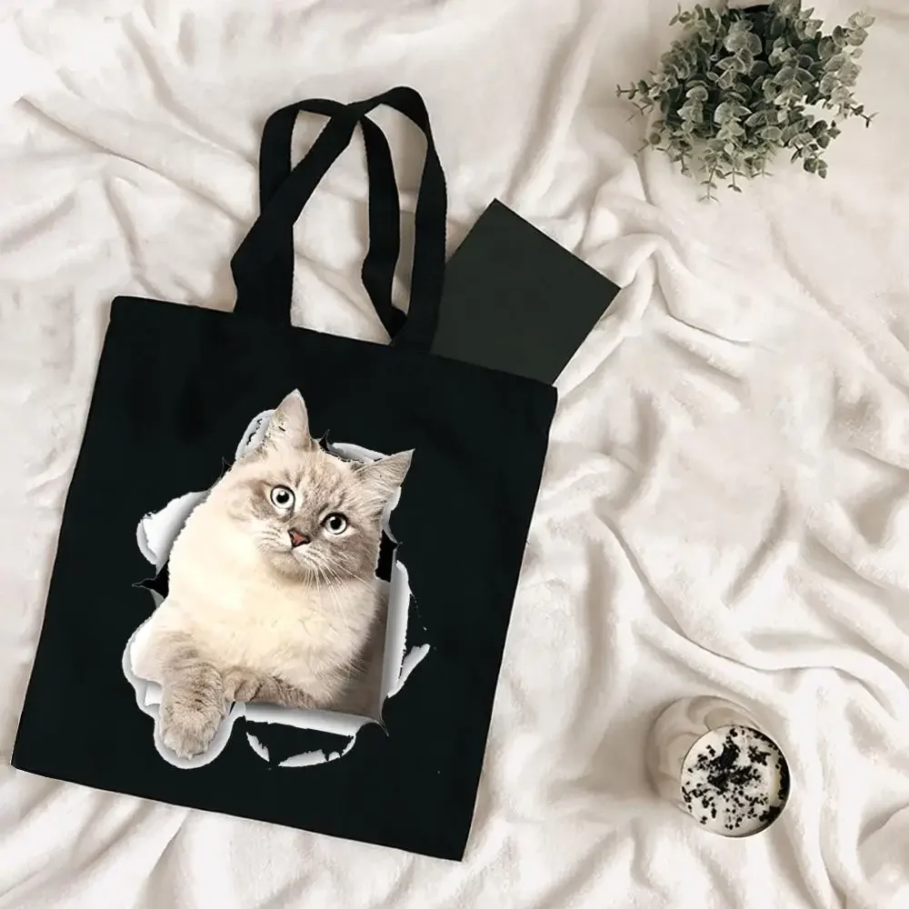 

Cartoon Bulldog Cat Shopping Bag Woman Shopper Folding Canvas Tote Travel Bags Designer Handbags Printed Cloth Shoulder Ladies