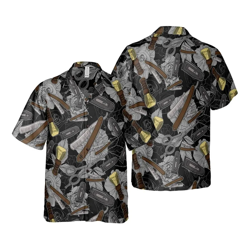 Barber Tools Pattern Hawaiian Shirt For Men Colorful 3D Print Blouses Fashion Profession Short Sleeve Shirts Button Lapel Tops