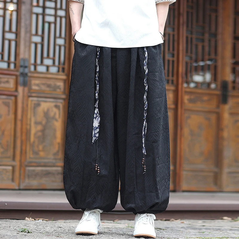 

High Waist Men's Casual Trousers New 2026 Spring Chinese Style Vintage Jacquard Loose Comfortable Male Black Harem Pants N111