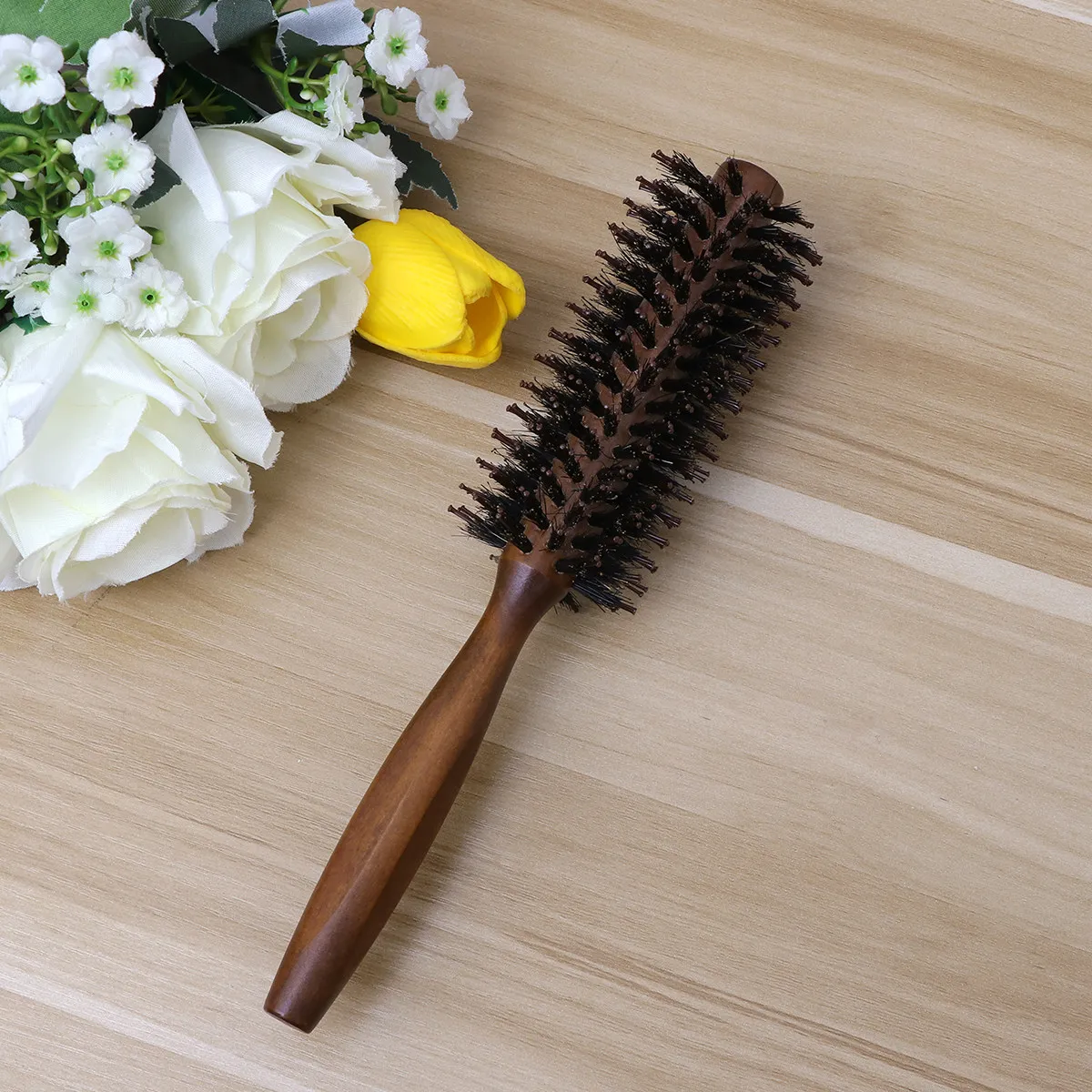 

Twill 12 Round Hair Brush with Boar Bristles Nylon Bristle Comb for Blow Drying Styling Curling Wooden Handle Spiral Design