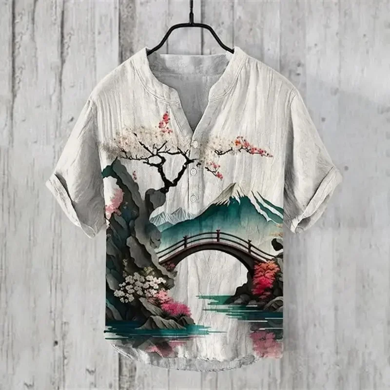 2024 New 100% Linen Shirt HD Pattern Plus Size Crane Fish Landscape Painting Shirt Hawaiian Men\'s Linen V-neck Men\'s T-shirt