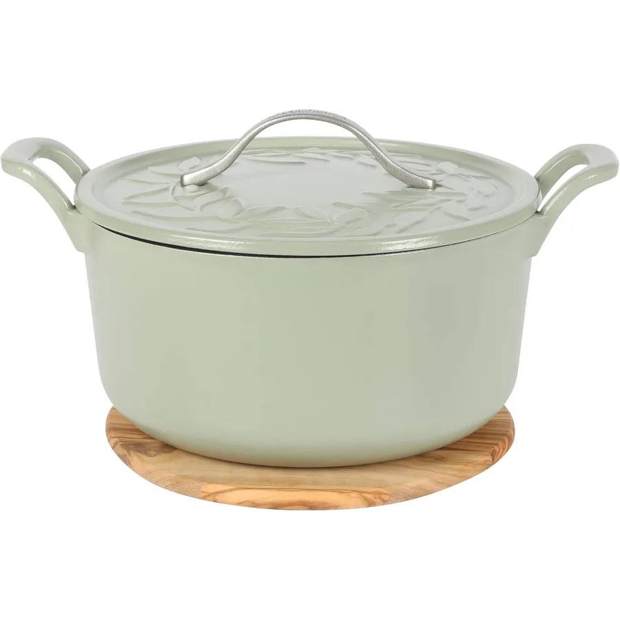 

7-квартовая чугунная голландская духовка с тисненой крышкой и подставкой из оливкового дерева в матовом мудре для плиты до духовки, идеально подходит для медленного S