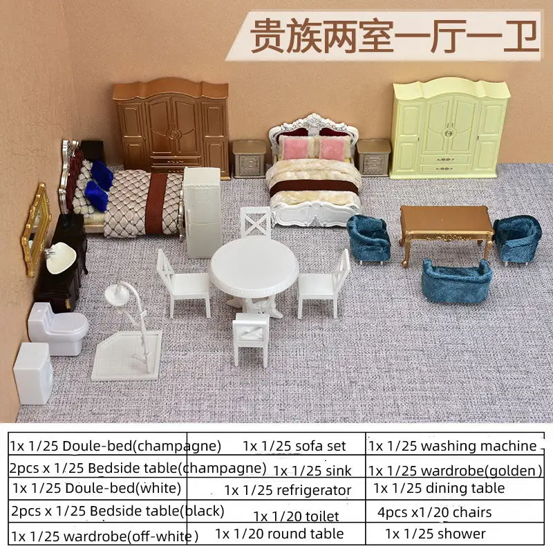 1:25 schaal poppenhuis miniatuur meubelset kunststof tafel stoel slaapbank kledingkast wastafel realistische miniaturen voor doe-het-zelf decor