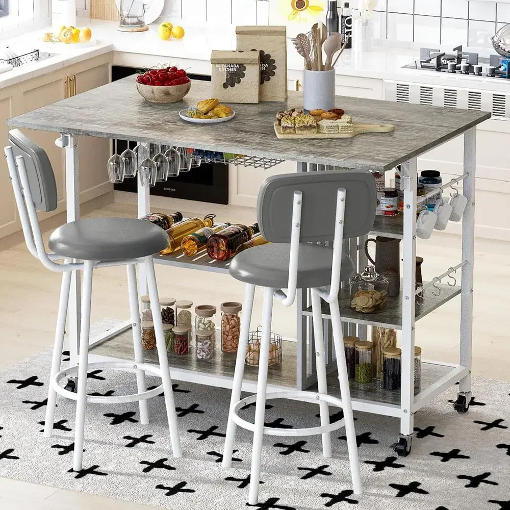 

Compact Kitchen Island with Storage and Seating, Drop Leaf Dining Set for Small Spaces in Grey
