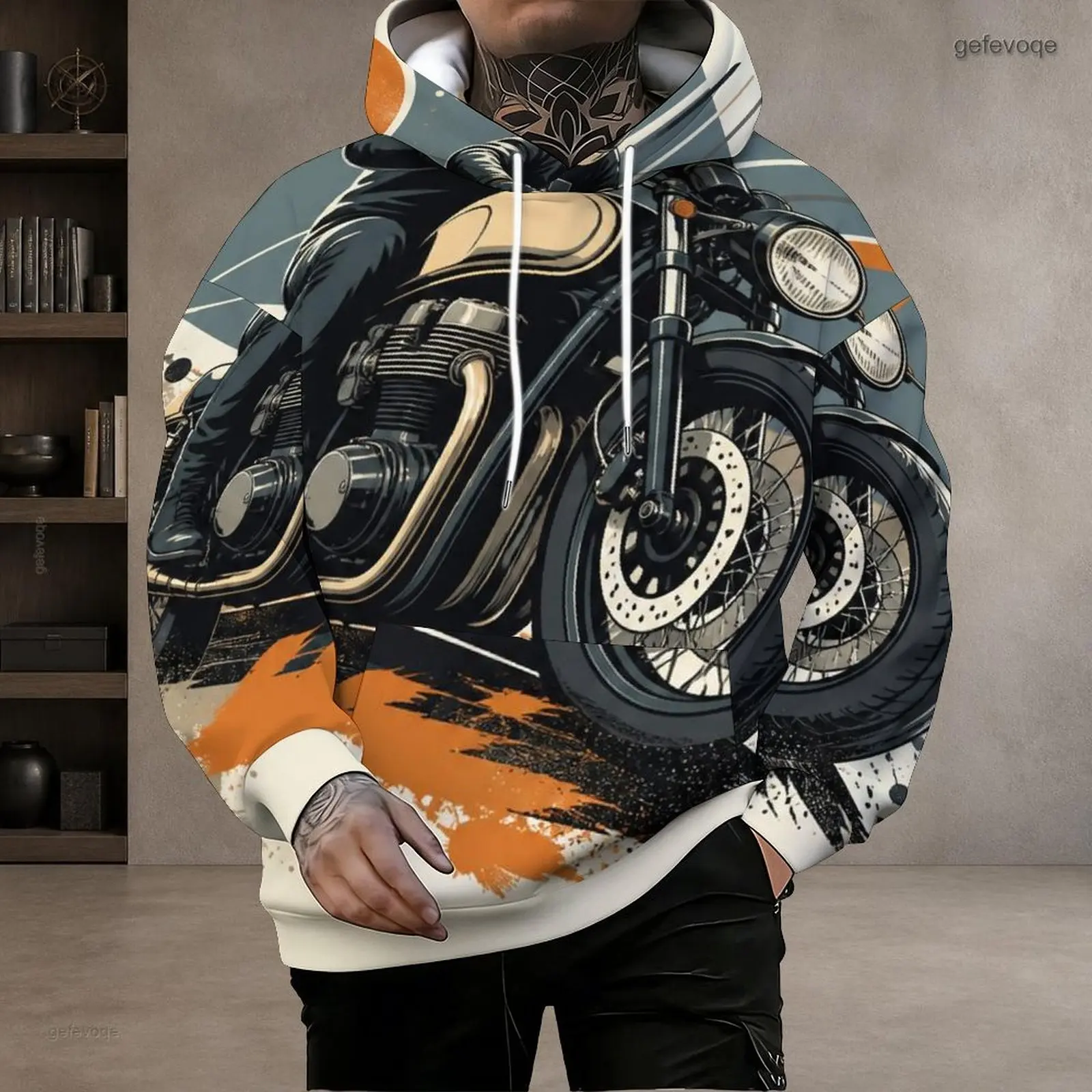 Men Printed Vintage Motorcycle Biker Graphic Long Sleeve Drawstring Pullover Hoodie