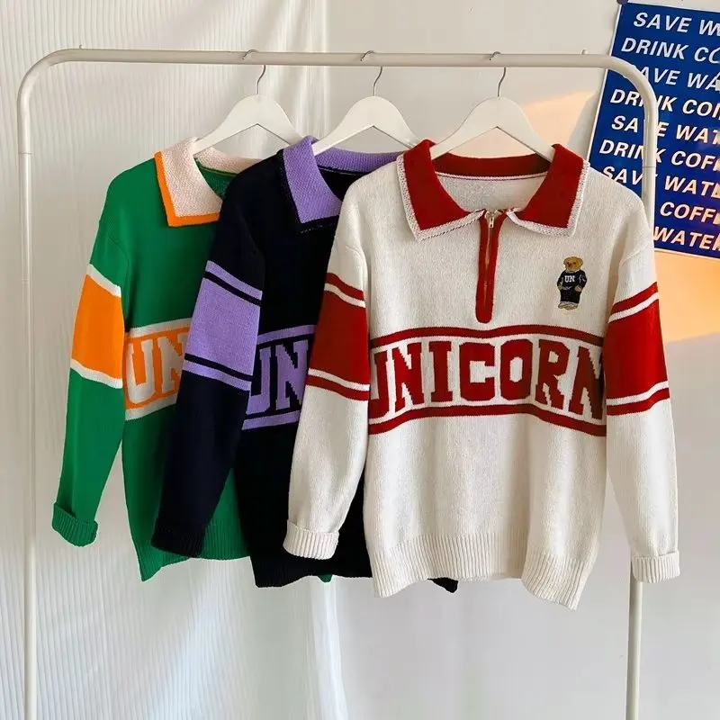 

Autumn Winter Large Size 5kg Letter Color Blo American Bear College Sle Couple Turn Collar Knitted Sweater Men's Sweater