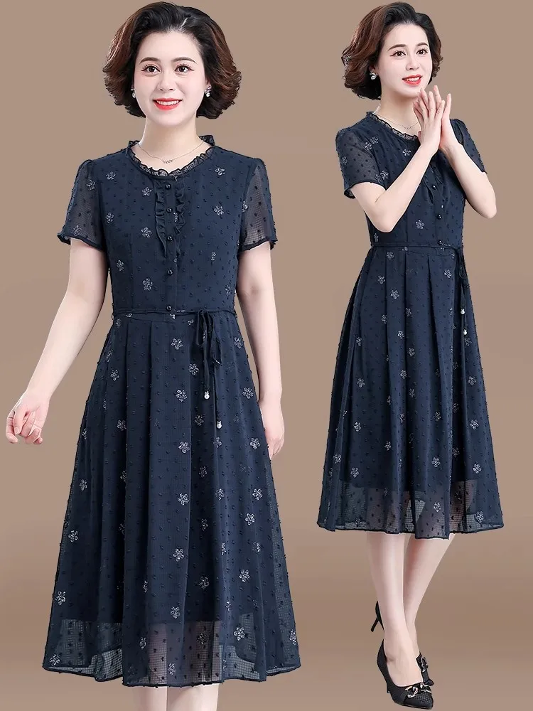 

Ele Mom Summer Dr High Collar Chiffon Women's Faion Wide Lady Mid-Aged And ly Women Summer Trend Skirt