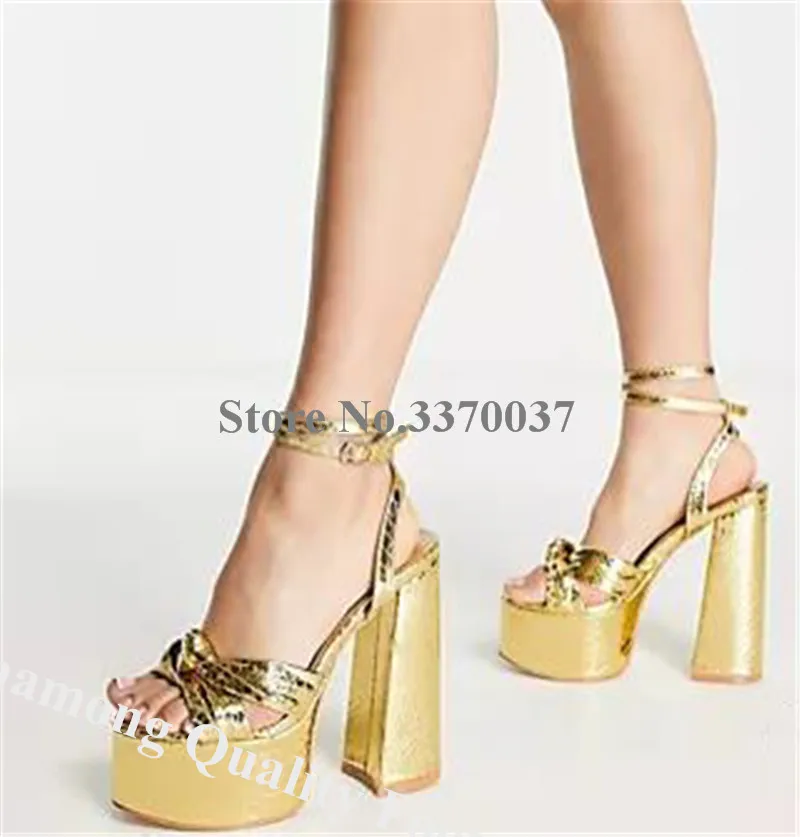 Snakeskin Chunky Heel Sandals Linamong Turquoise Gold High Platform Butterfly-knot Block Heel Shoes Bowtie Party Dress Shoes