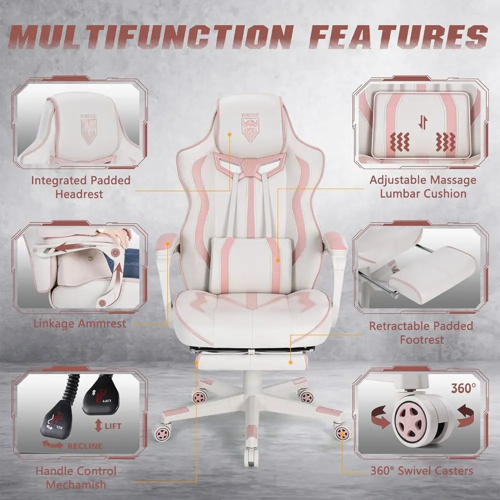Ergonomic High-Back Gaming Chair with Footrest and Massage, White & Pink for Adults view 6