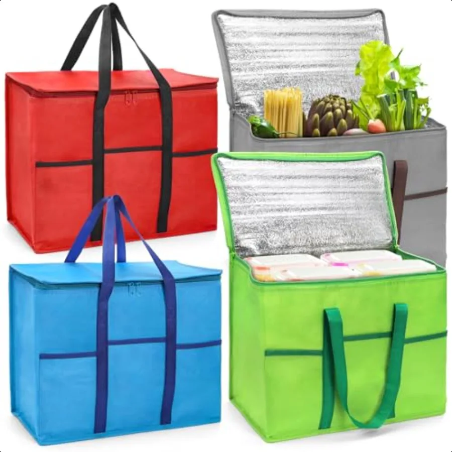 

4 Pack Insulated Reusable Grocery Shopping Bags Foldable Cooler Bag Food Delivery Bags with Hard Bottom Insert and Zippered Top