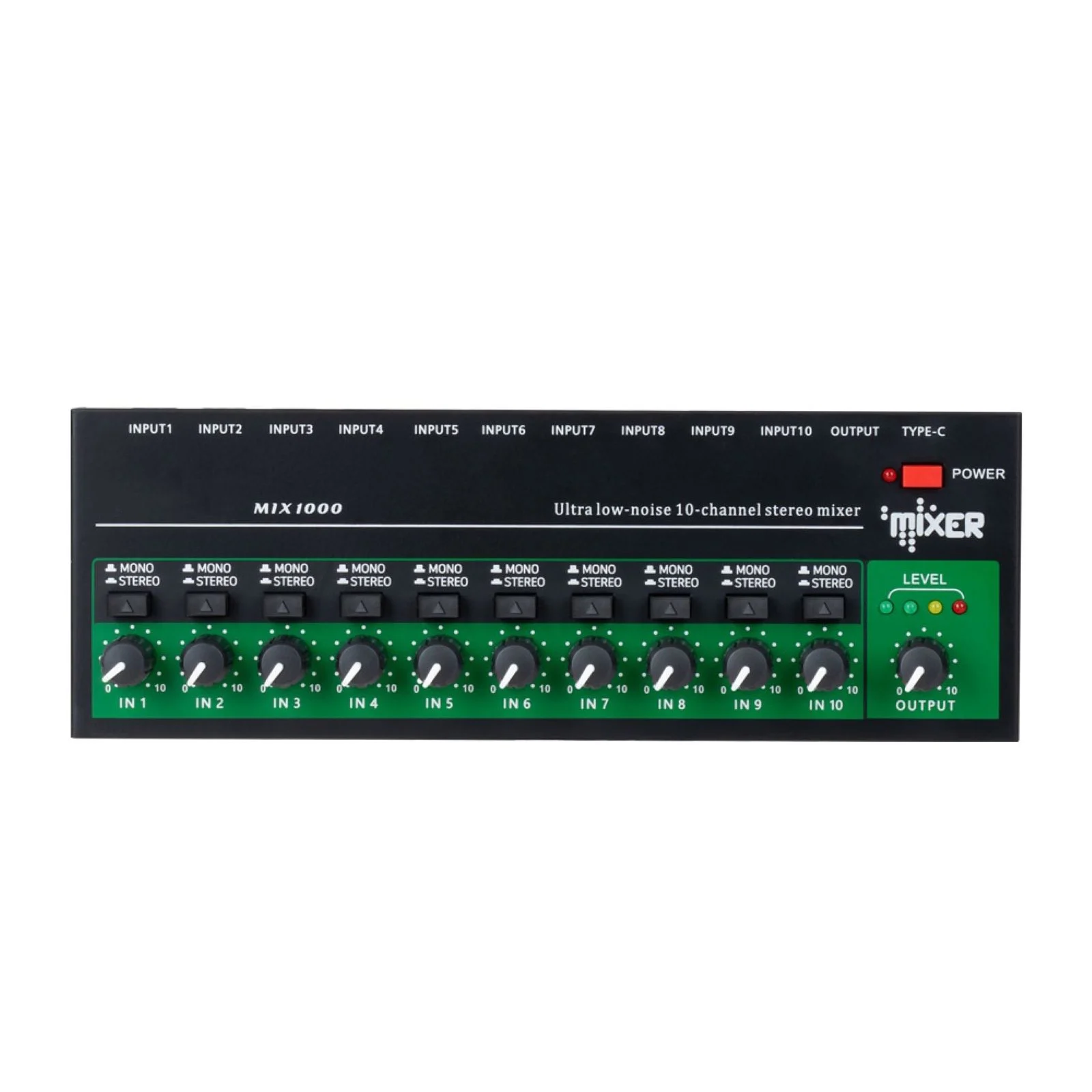 10-Channel Mixer Audio Mixer Stereo Mono Line Mixer 6.35mm TRS/TS Input Metal Shell Type-C Audio Processor