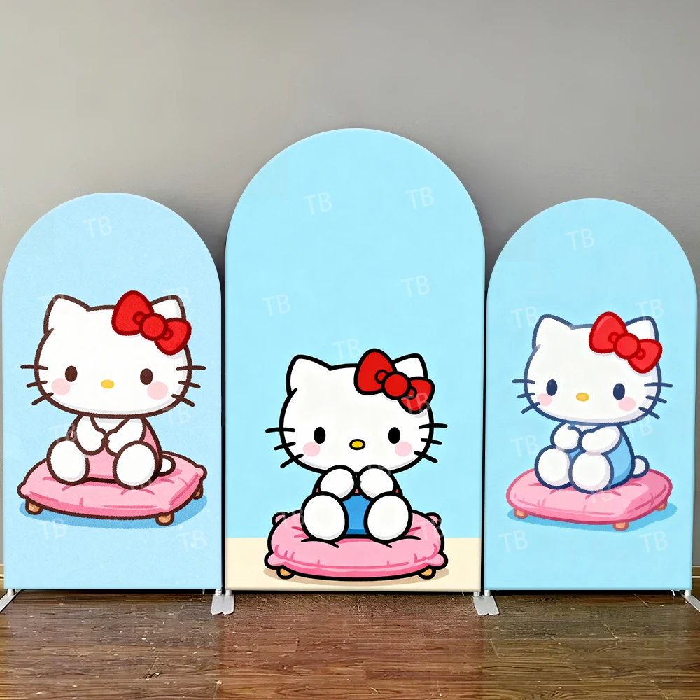

Hello Kitty Arch Backdrop Cover Light Blue Pink Cushion Scene For Girls Birthday Party Cute Cartoon Theme Photo Booth Decor Prop