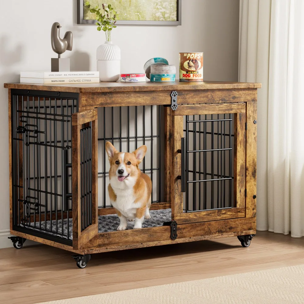 Medium Dog Crate Furniture, 32'' Heavy Duty Kennel w/Cushion & Wheels | Rustic Brown, Double Doors, Wooden Dog Cage