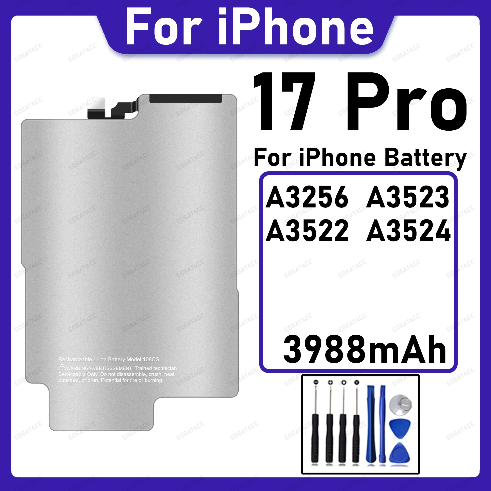 3988mAh Stainless Steel Surface Replacement Battery For iPhone 17 Pro A3256 A3523 A3522 A3524 Large Capacity Durable Repair Part