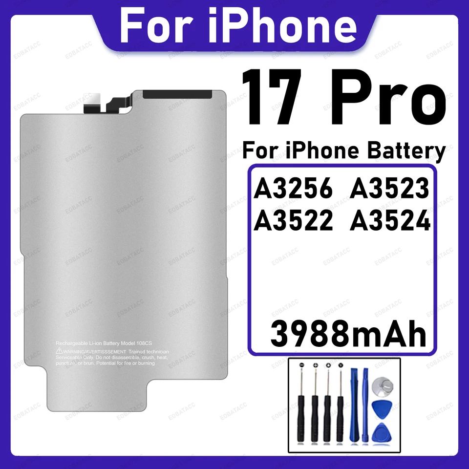 Batería de reemplazo de superficie de acero inoxidable de 3988mAh para iPhone 17 Pro A3256 A3523 A3522 A3524, gran capacidad, duradera, pieza de reparación