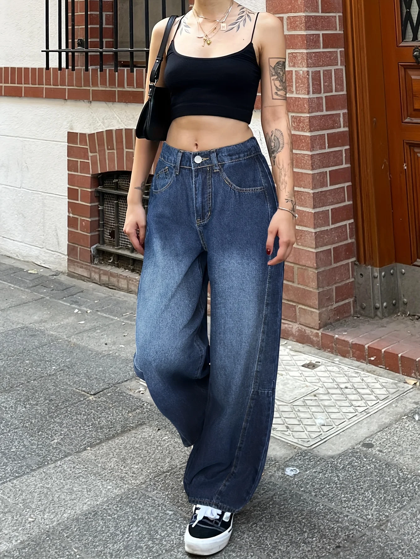 กางเกงยีนส์เอวสูงทรงตรงแบบวินเทจ Y2K แต่งผ้าปะติด ยืดหยุ่นได้ เหมาะสำหรับใส่ไปเรียน