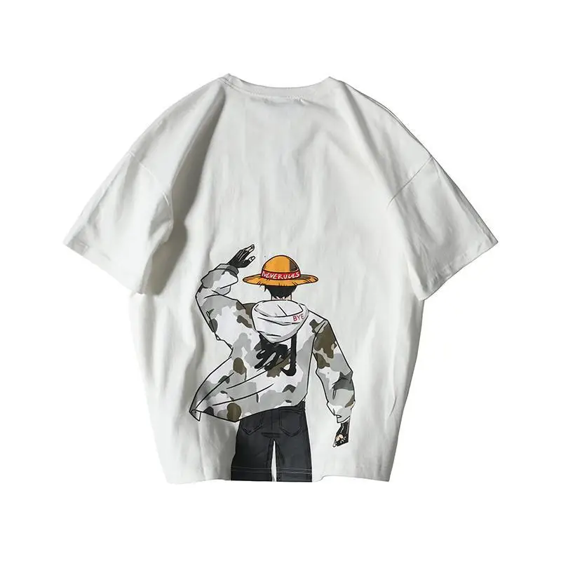 Camiseta de manga corta con estampado de Luffy de dibujos animados de algodón para hombre, camiseta holgada informal de verano, top base para estudiantes de tendencia