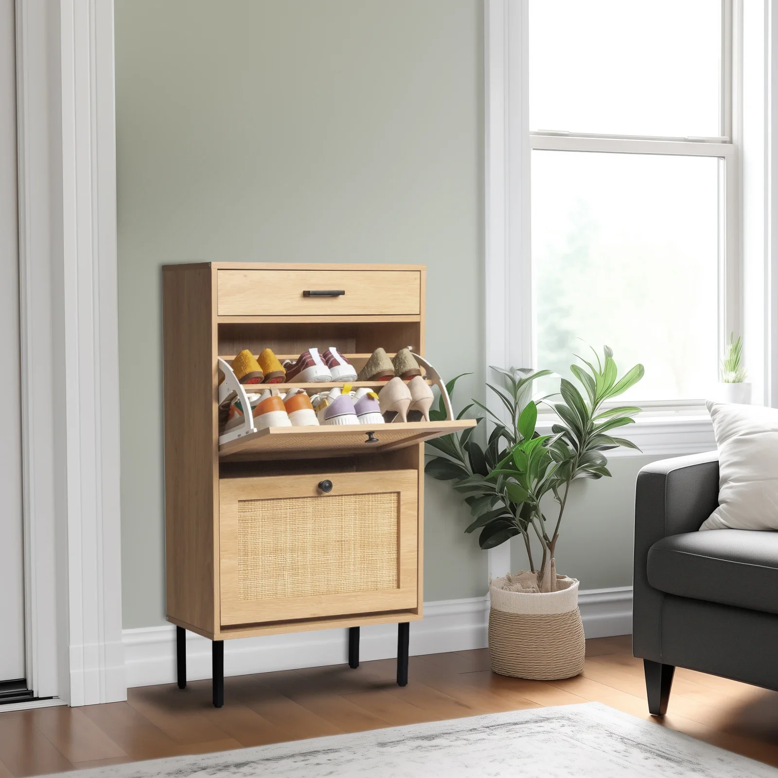 

2 buckets with a drawstring of rattan and iron high foot shoe cabinet made of particleboard and real rattan 60 * 25 * 104cm
