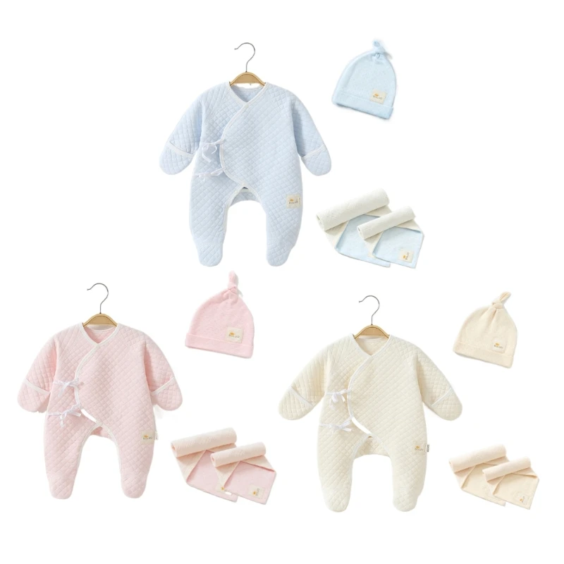 

4Pieces Baby Set Hospital Hat Face Towel Long Sleeve Jumpsuit for Newborns 0-6M Baby Photo Accessories Breathable Outfit