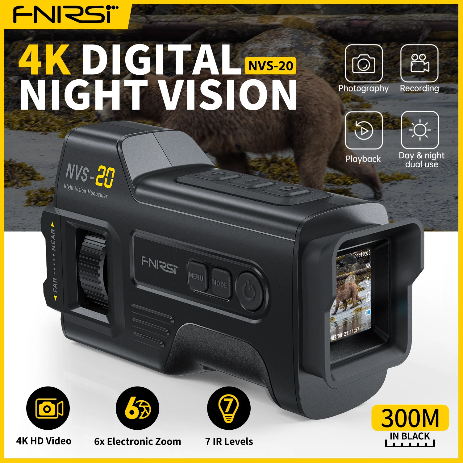 Telescopio FNIRSI NVS-20 4K HD Monocular gafas de visión nocturna 6X Zoom Digital 300m caza Camping alcance día y noche doble uso