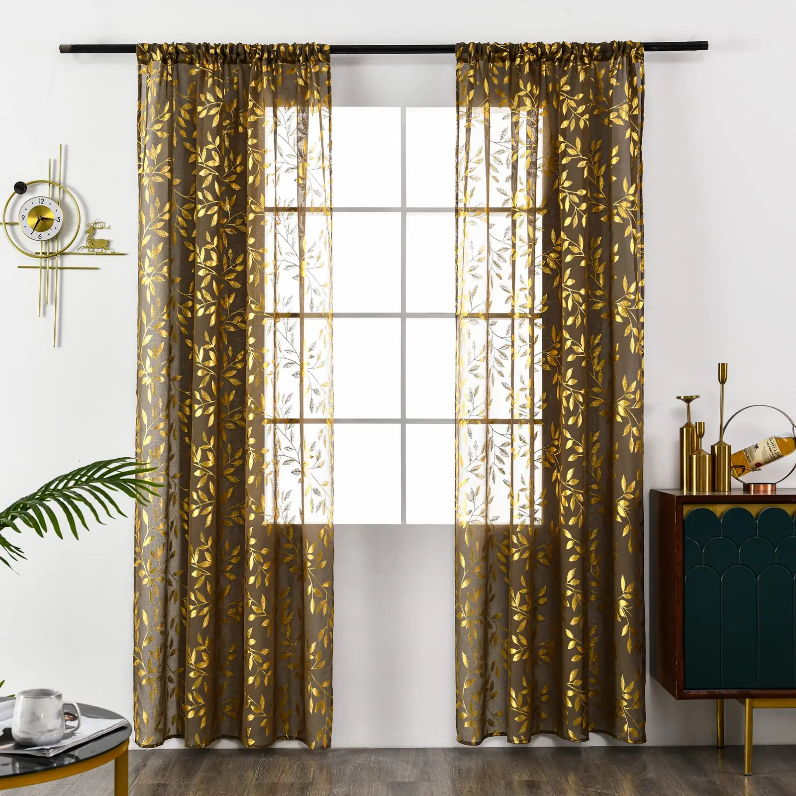 Taupe Brown Gold Foil Print Metallic Leaves Window Sheer Curtains for Bedroom, Decor Privacy Golden Drapes Pair, Rod Pocket