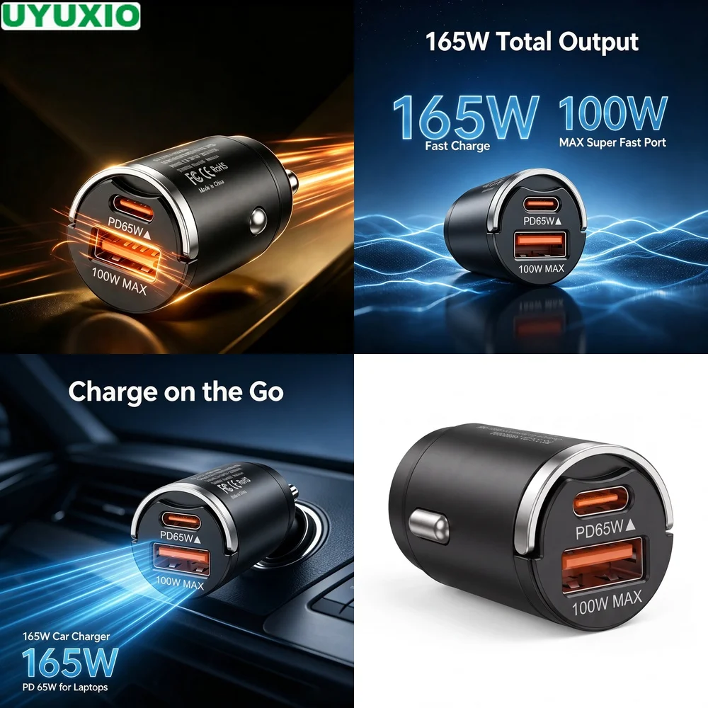 165W Rapid Charge Car Charger PD 65W Type C and 100W USB A Power for Mobile Devices and Laptops Zinc Alloy Flush Fit Design