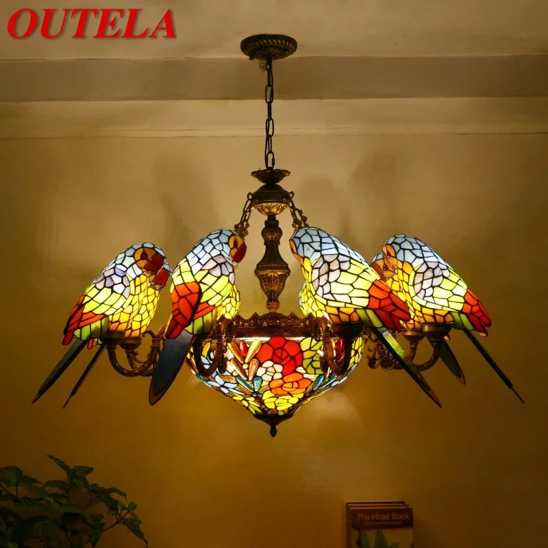 OUTELA Tiffany parrot Chandelier LED Vintage Creative Color Glass Pendant Lamp Decor for Home Living Room Bedroom Hotel