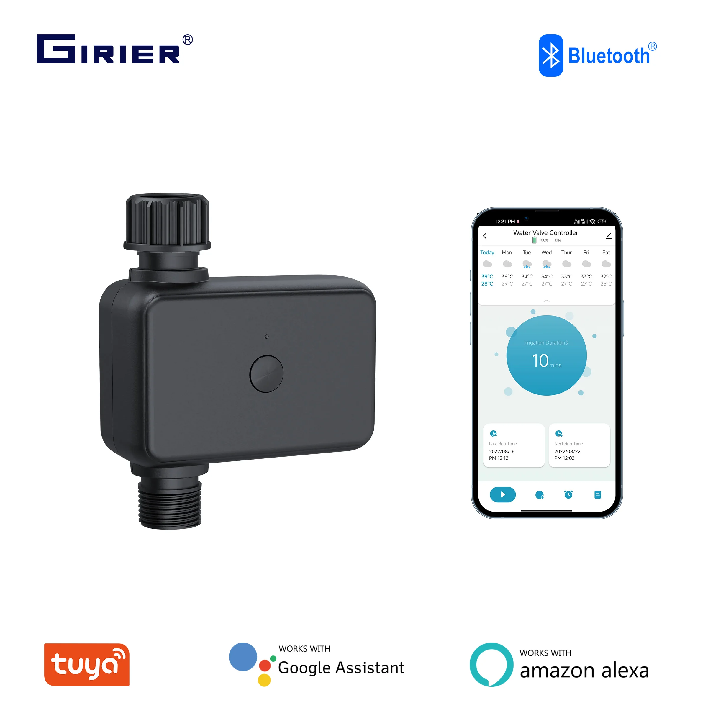 

GIRIER Tuya Smart Water Timer Programmable Sprinkler Timer Bluetooth for Garden Hose Irrigation Compatible with Alexa Hey Google