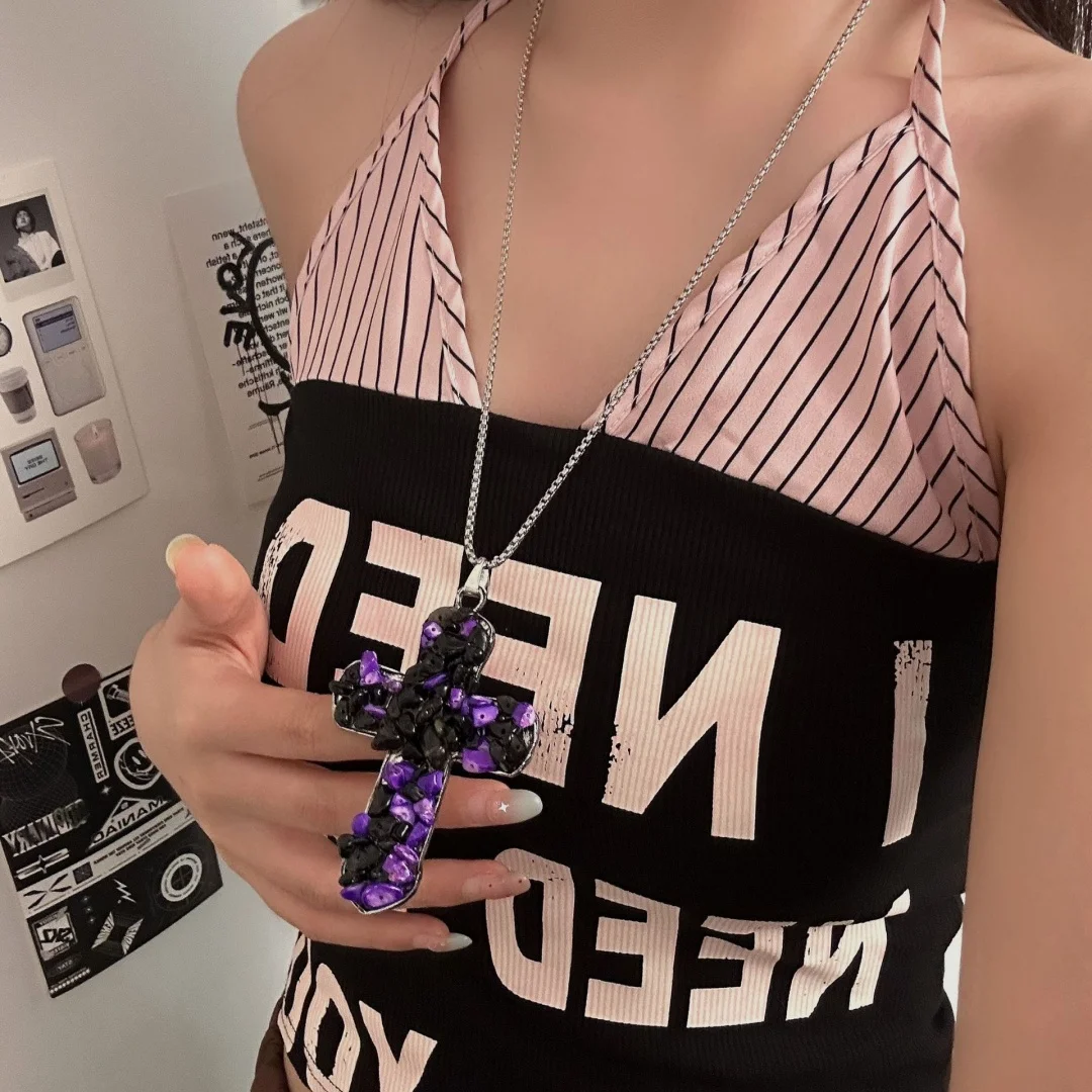 

DUTRIEUX Hip-hop Cool Girl Purple Diamond Cross Necklace Neo-Gothic Punk Heavy Industry Trendy Choker Pendant Women Party Jewelr