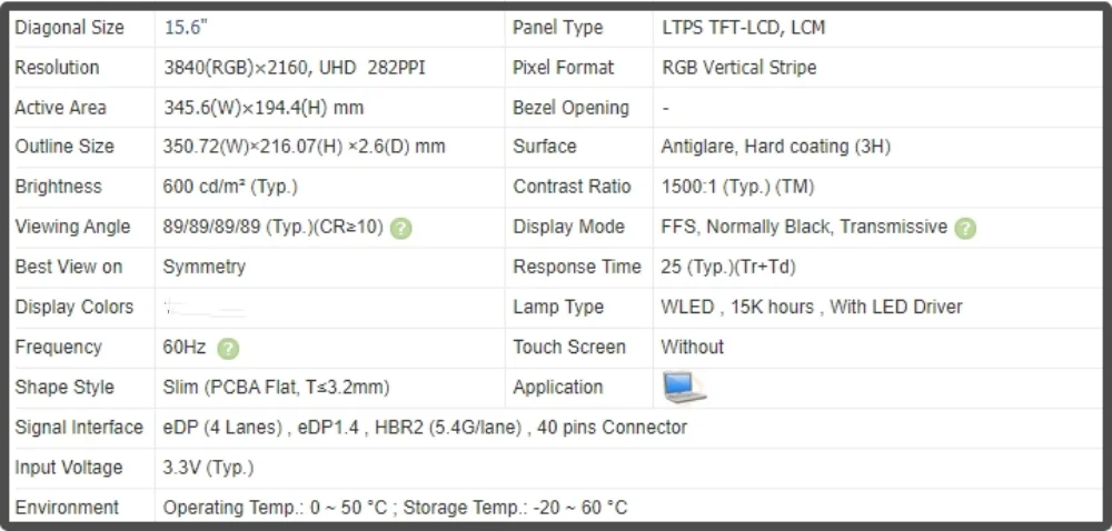 MNF601EA1-5 15.6 inch LCD Screen Laptop Display IPS Panel 4K UHD 3840x2160 60Hz Non-touch