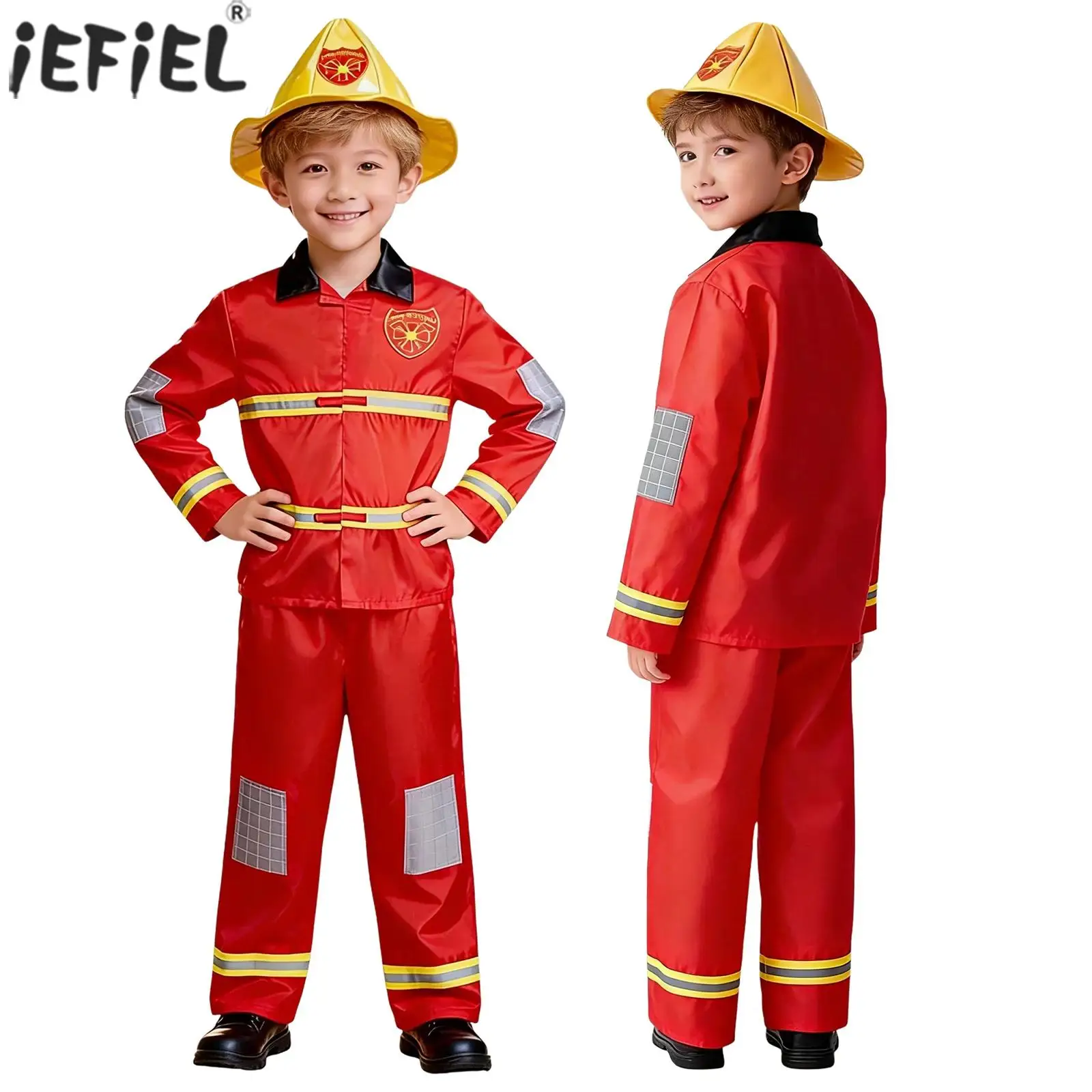 

Детский костюм пожарного для косплея, костюм пожарного для мальчиков и девочек, наряд для ролевых игр на Хэллоуин, топ с длинными рукавами, брюки и шляпа