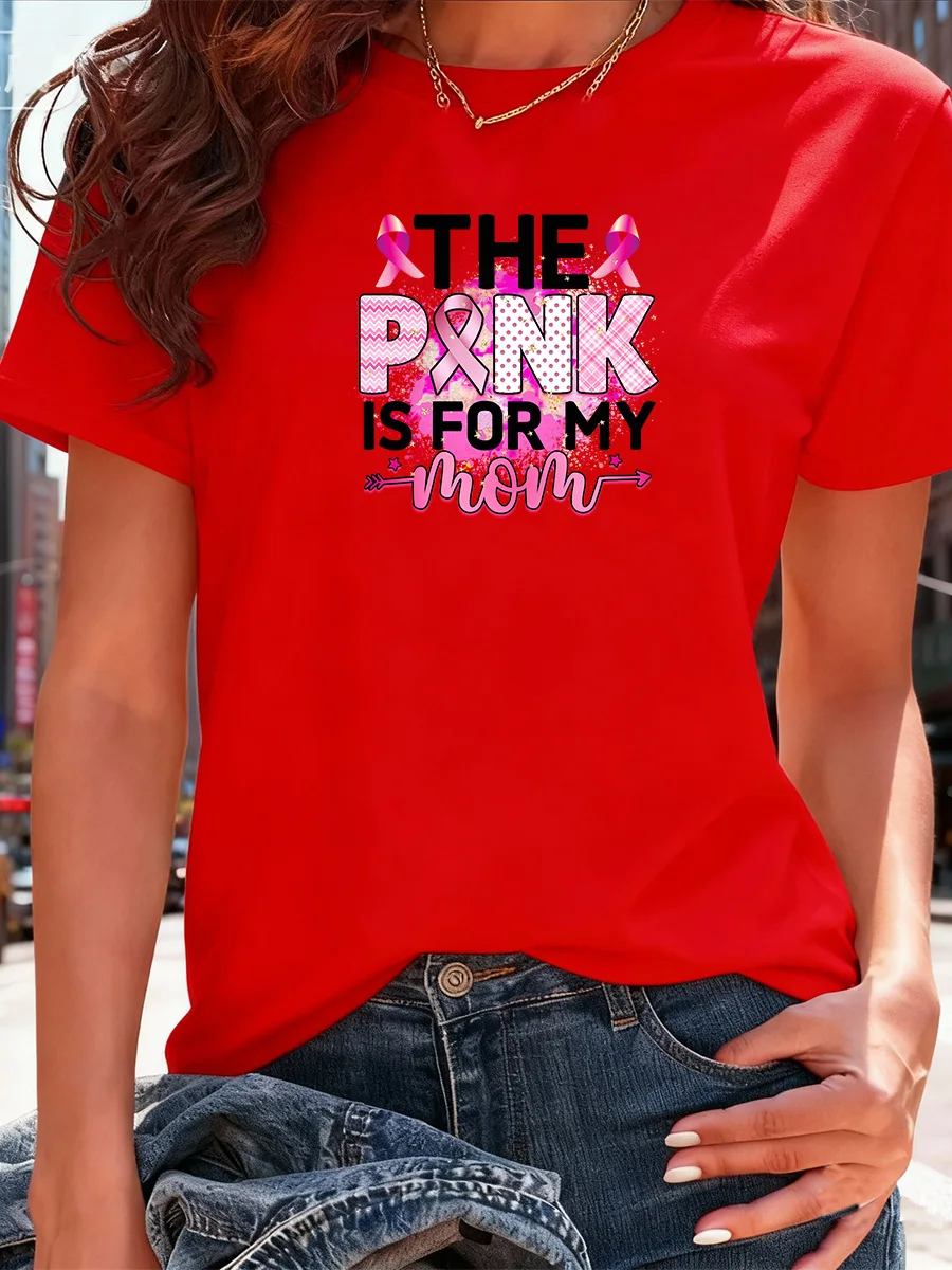 تي شيرت أسود قصير الأكمام "وردي لأمي" للتوعية بسرطان الثدي مع شريط وطباعة حروف #4