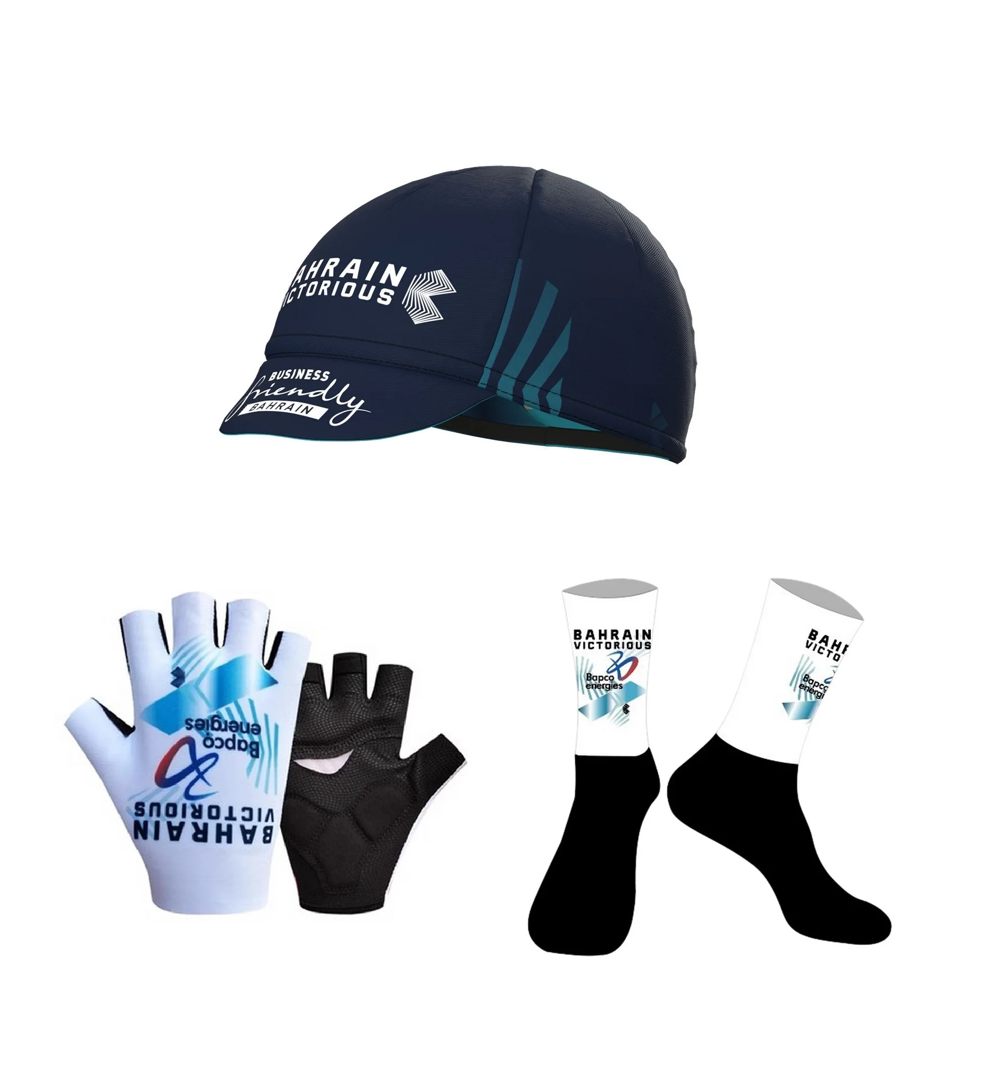 2025 BAHRAIN VICTORIOUS Team One Pair Half Finger Cycling Gloves + ONE PAIR CYCLING SOCKS +CAPS