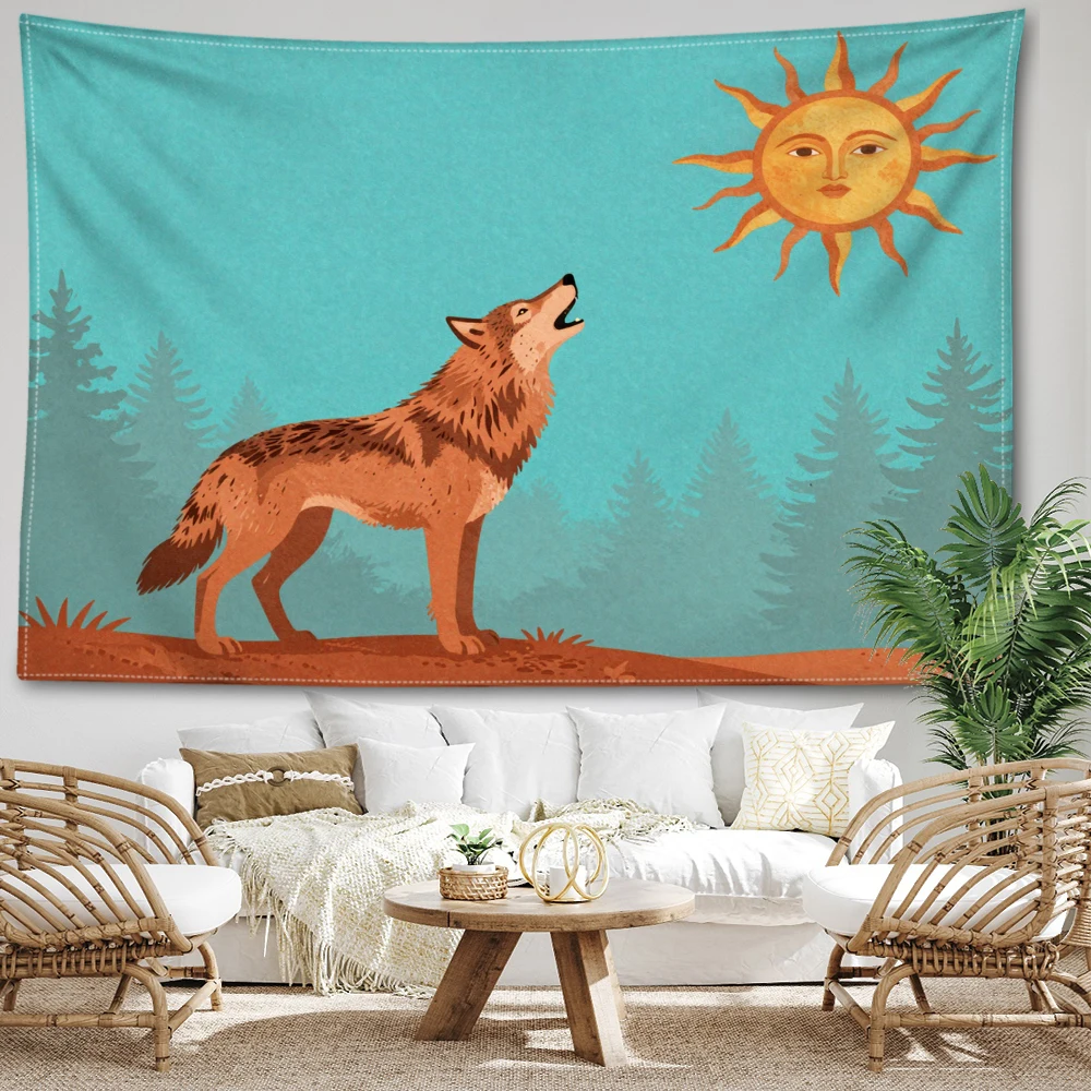 Teal Blue Howling Wolf Sun Pine Forest Wall Tapestry, Nature Boho Decor