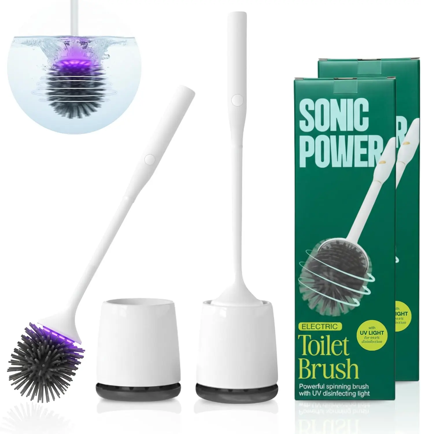 

Self-Cleaning Electric Toilet Brush with UVC Light, Rechargeable Wireless Spinning Set, Wall or Floor Mount (2 Pack)