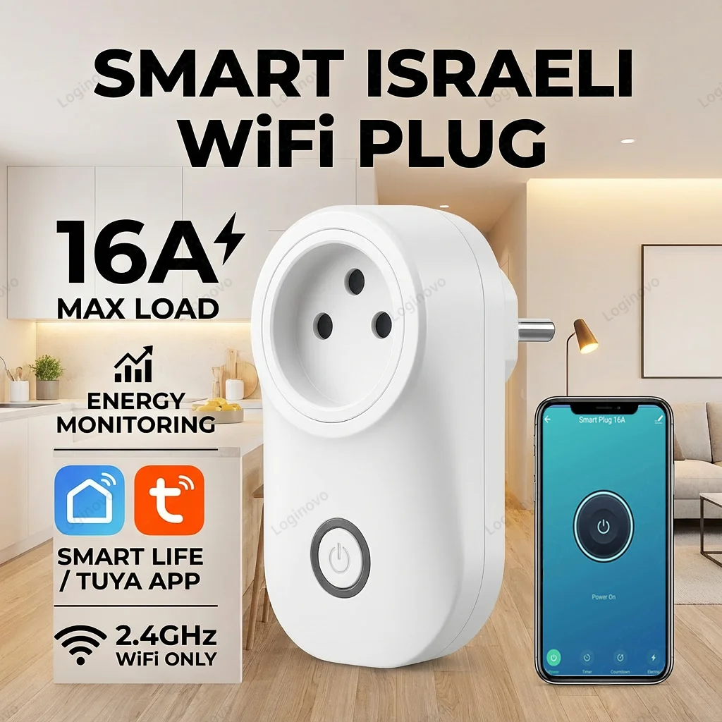 

Умная Wi-Fi розетка Tuya 16А с мониторингом энергопотребления, вилка для Израиля, выключатель света, дистанционное управление, совместима с Alexa и Google Assistant
