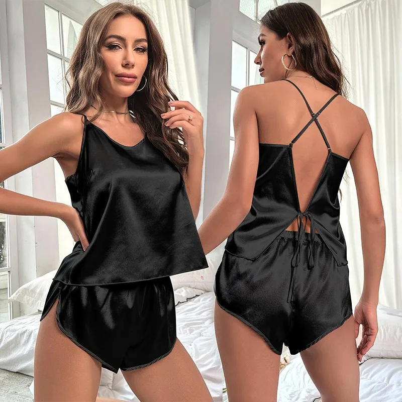 Set piyama wanita musim panas piyama Satin halus setelan baju tidur piyama Lingerie wanita seksi Backless Cami & celana pendek PJS pakaian pakaian rumah