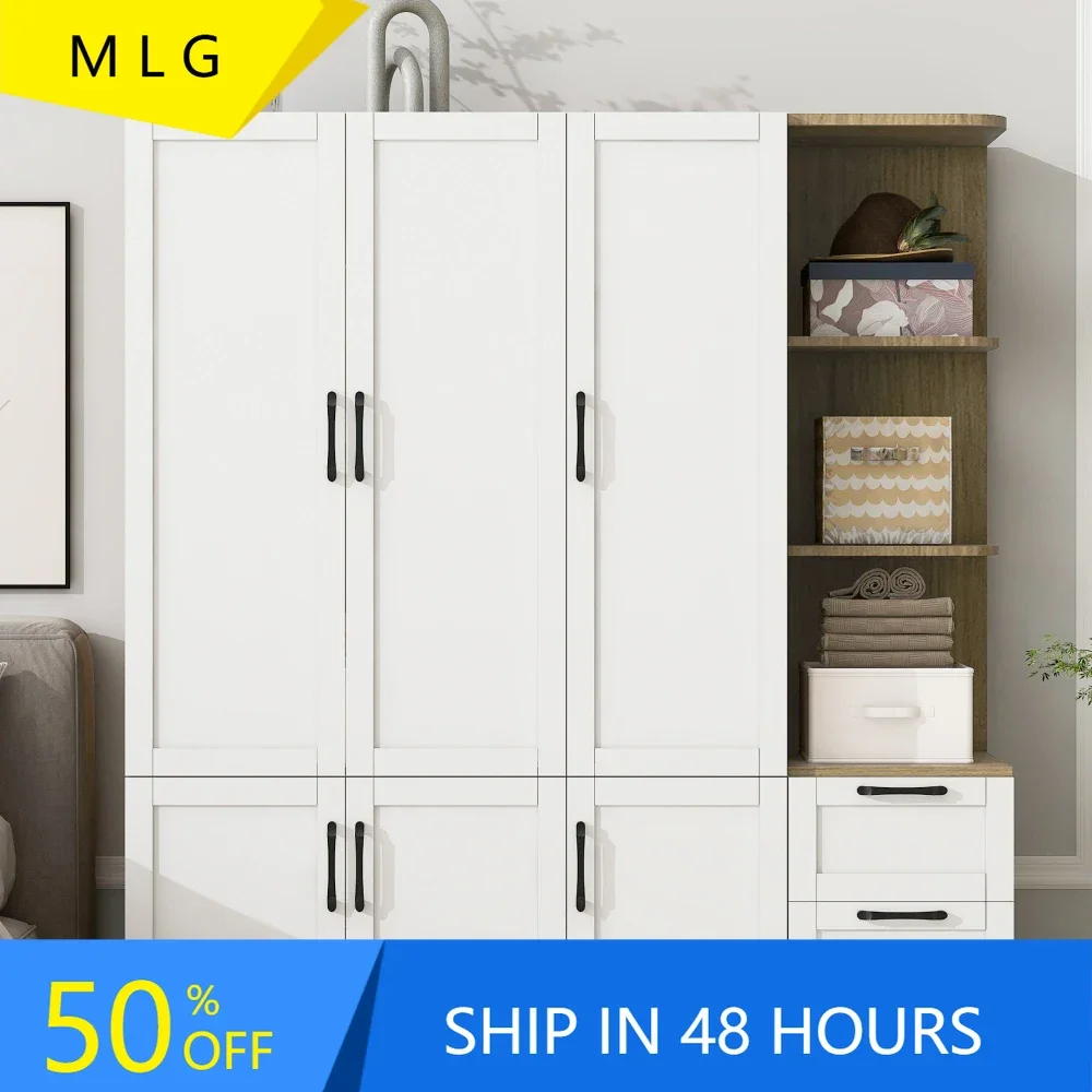 

White 3-Door Bedroom Wardrobe Cabinet with Shelves And 2 Drawers - Storage Organization Unit for Side Bedroom Storage