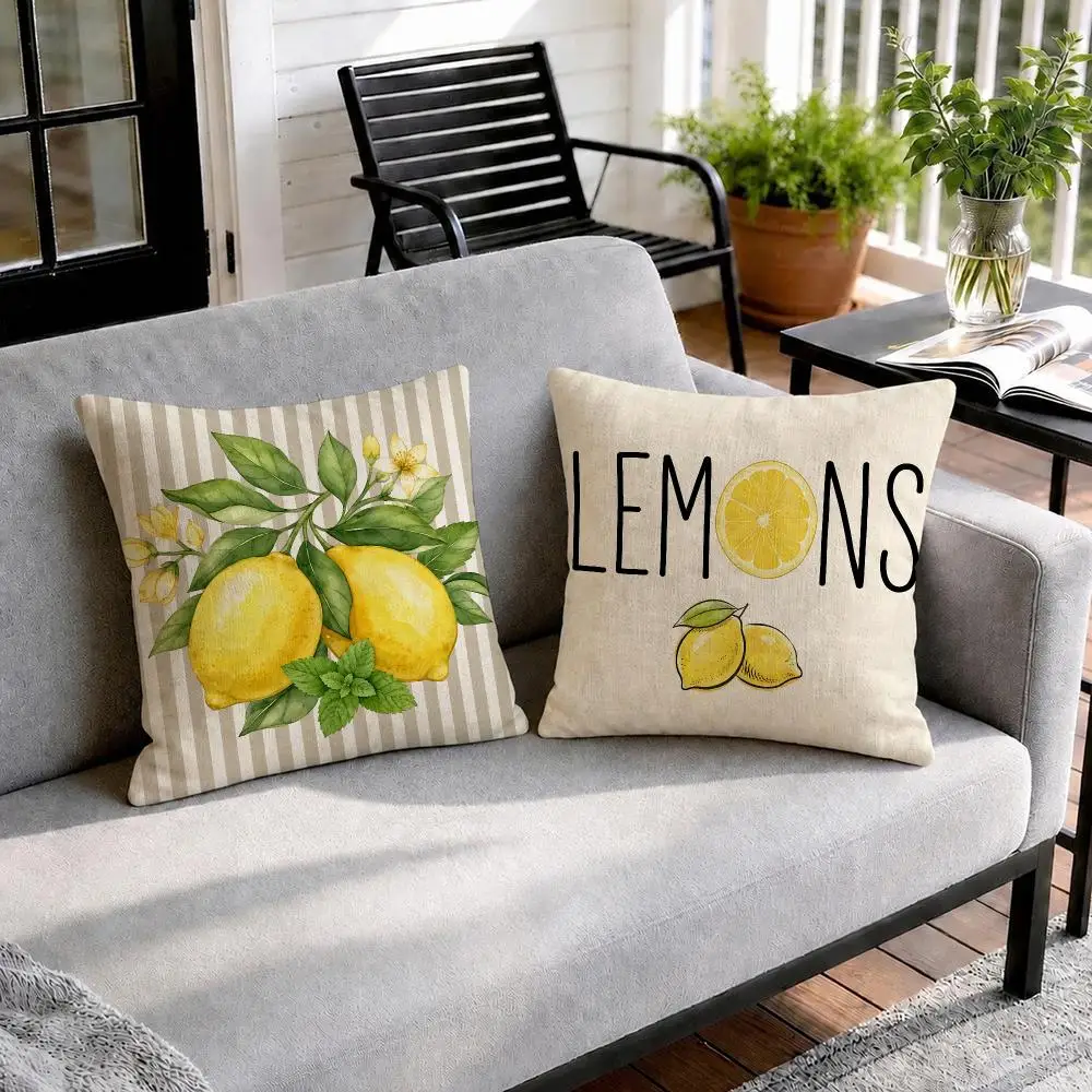 Summer Lemon Print Cushion Cover Natural Linen Organic Fabric Double-Sided Printing Sofa Home Decor Gift Pillow Cover