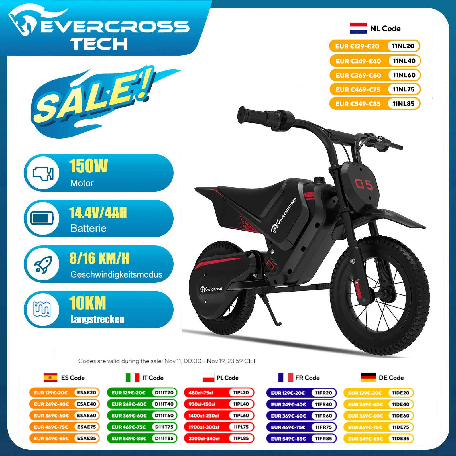 EVERCROSS TECH EV05M Electric Motorbike for children, 150W, speeds 8/16 km/h, battery life up to 10 km, Motorbike Cross 12 inches for