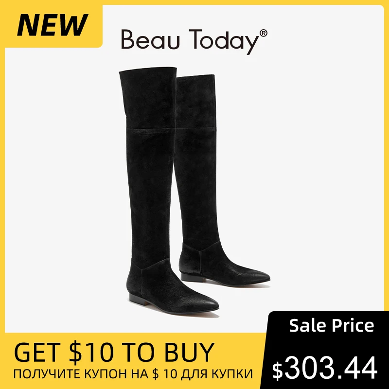 BEAUTODAY Long Boots Women Genuine Leather Pointed Toe Solid Color Over the knee Boots Slip-on Ladies Shoes Handmade 01239