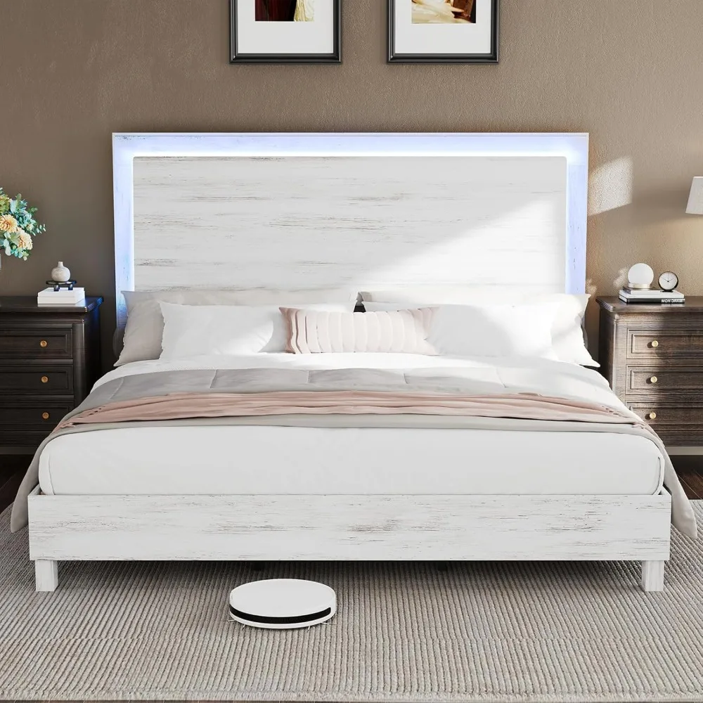 

Queen Size Wood Bed Frame with RGBW LED Light, Mid-Century Modern Platform Bed with Floating Headboard and Solid Wood Legs, No B