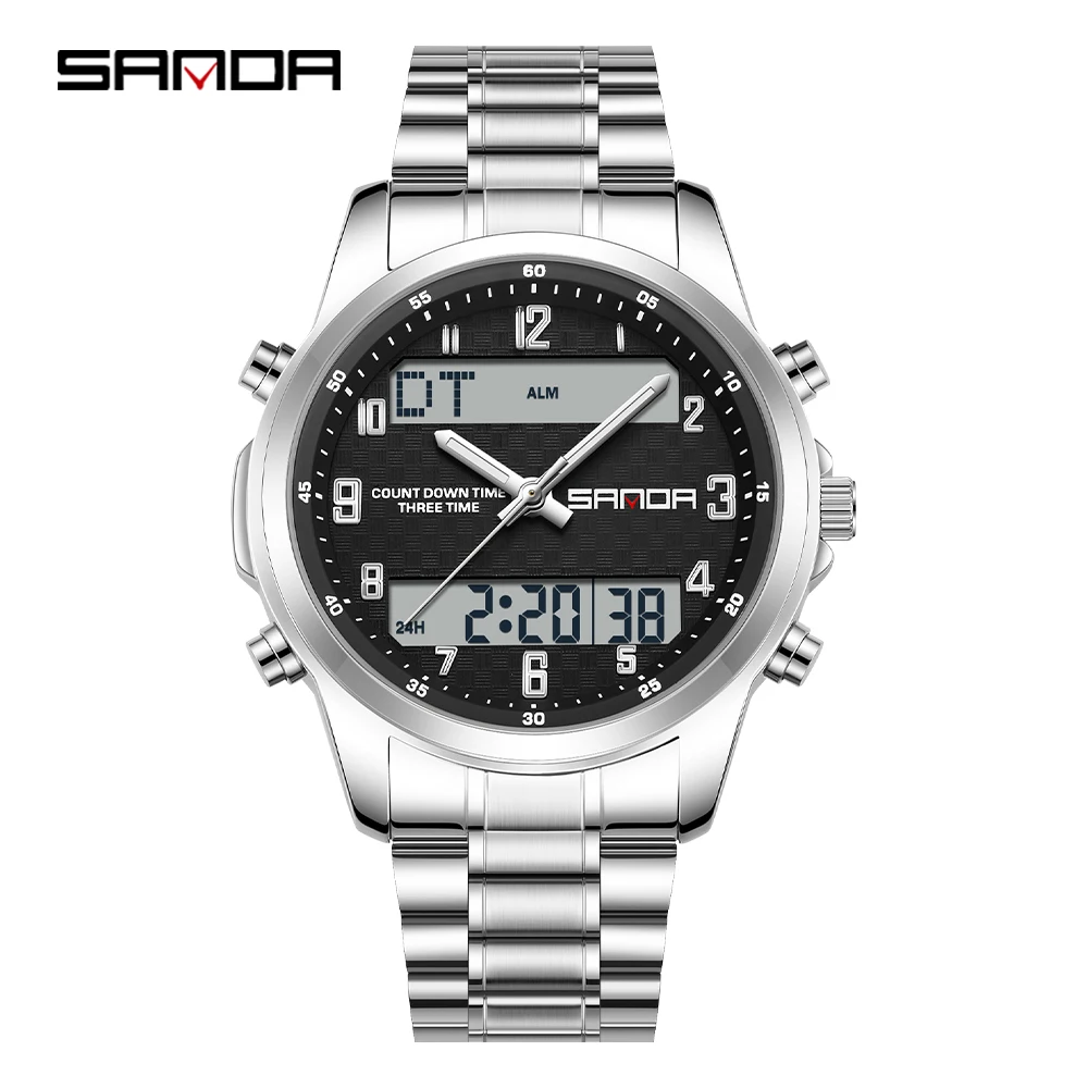 

SANDA SD9119 Dual Display Steel Belt Watch Men's Double Movement Multi functional Timing Night Light Alarm Clock