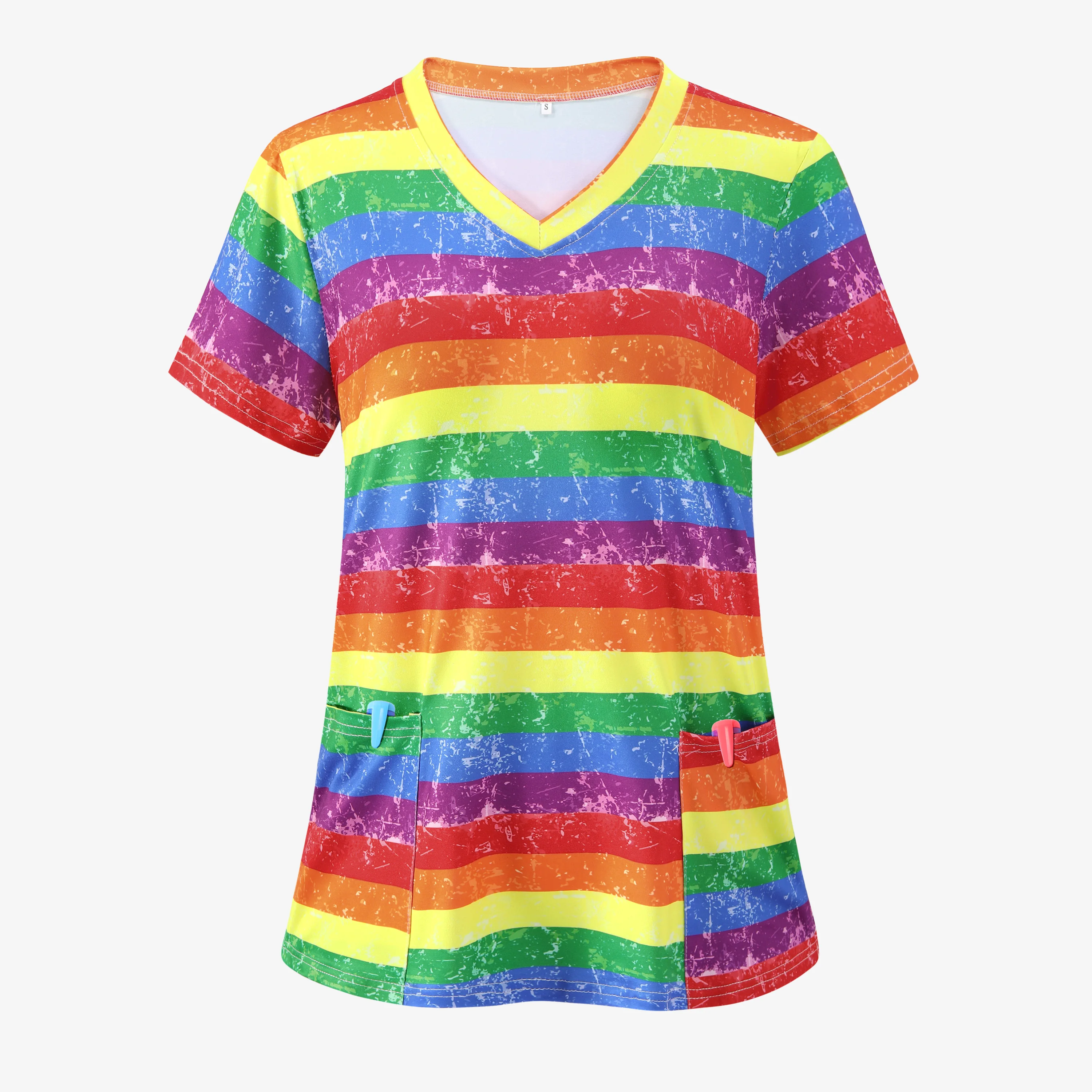 XUANSHOW LGBT Pride Day Womens Nurse Style Scrub Tops Summer Rainbow Print Short Sleeve T-Shirt Split V Neck Uniform