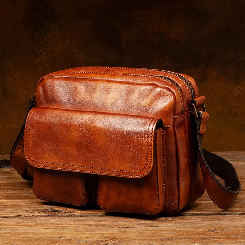 Men's Handcrafted Vegetable-Tanned Cowhide Crossbody Bag Vintage Genuine Leather Single-Shoulder Casual Commuting Courier Bag