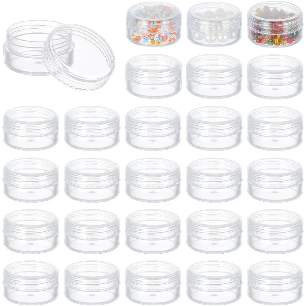 

30 Pack 1.47"x0.78" (10ml) Empty Clear Plastic Bead Storage Container jar with Rounded Screw-Top Lids for Beads Nail Art Glitter