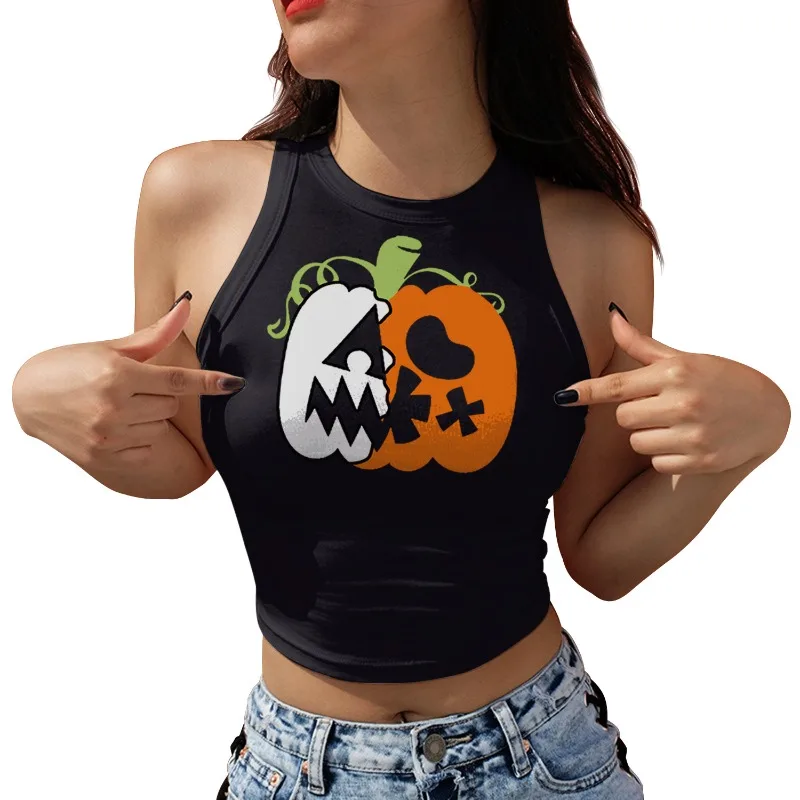 Womens Retro Halloween Pumpkin Silhouette Print Halter Neck Crop Top Sleeveless Slim Party Tank Shirt