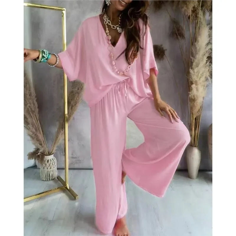 Loose Solid Color Shirt Wide Leg Pants Two-piece Set For Women 2024 Summer V-neck Bat Sleeve Top Lace Up Casual Pants Set